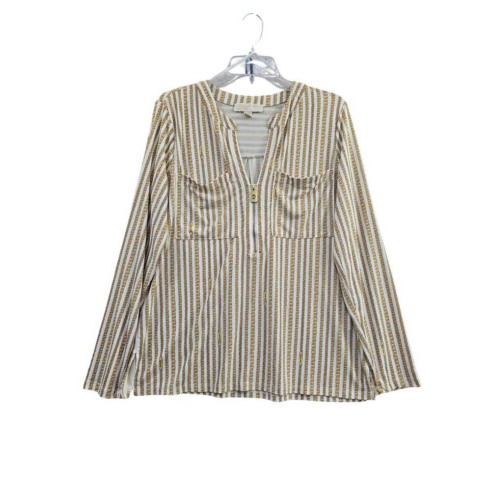 Michael‎ Kors Chain Print Tunic Women's L White Gold Zip Neck Long Sleeve Blouse